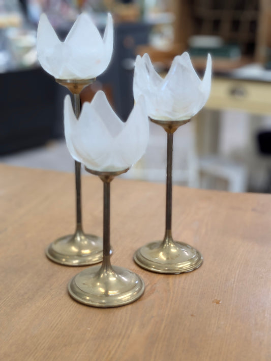 Vintage brass and frosted glass tulip-shaped candle holders, set of three
