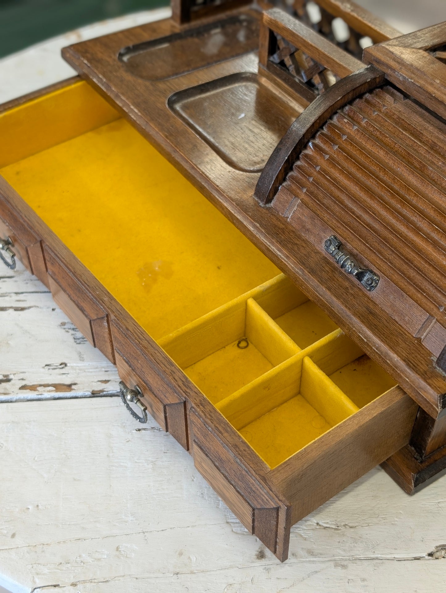 Vintage wooden desk organizer with roll-top and drawers