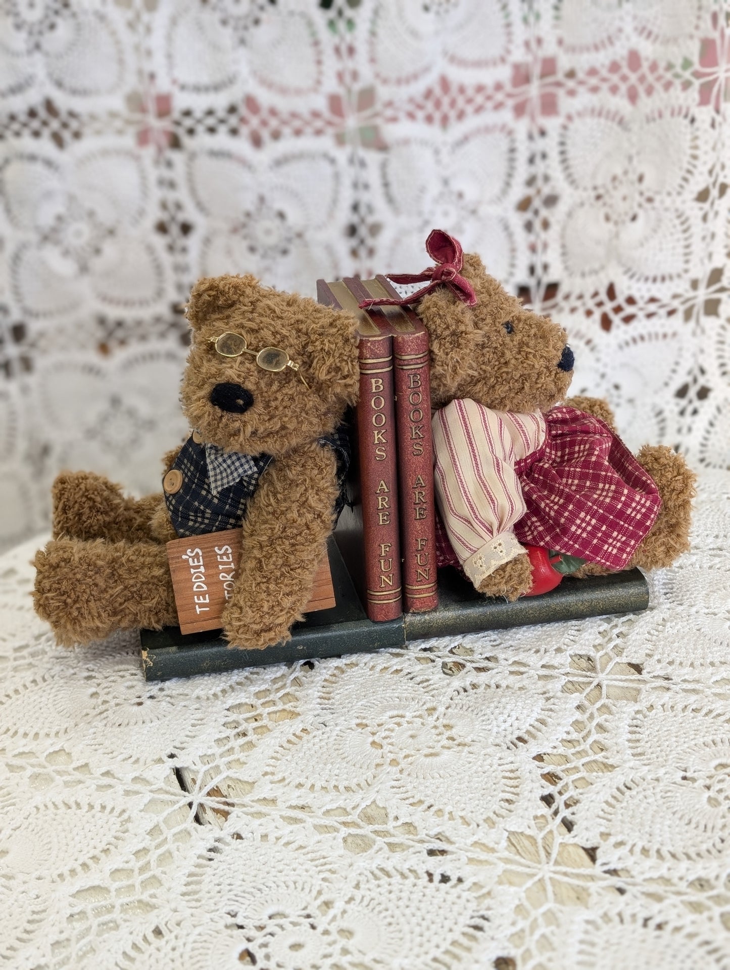 1980s teddy bear bookends with faux books