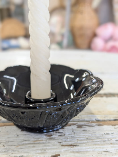 vintage Indiana Glass Tiara Paneled black glass candle holder