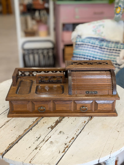 Vintage wooden desk organizer with roll-top and drawers