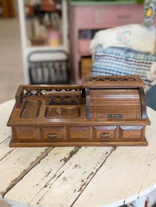 Vintage wooden desk organizer with roll-top and drawers