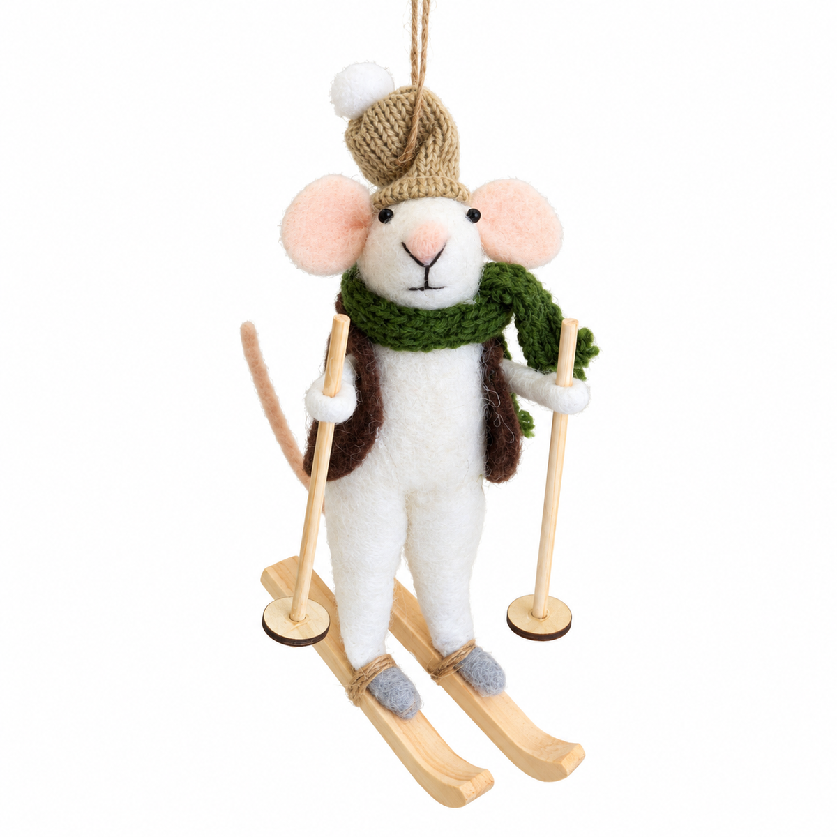 Felt Skiiing mouse with green scarf