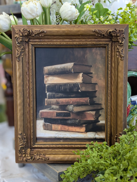Antique book stack framed print