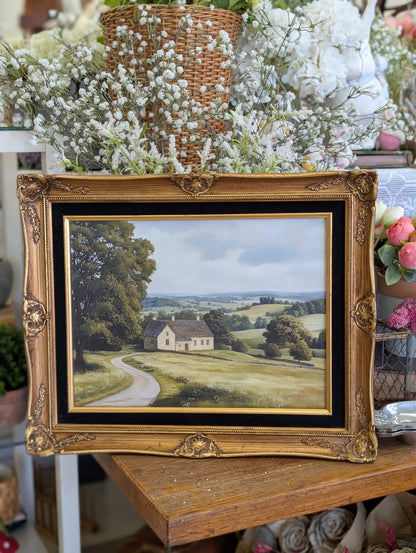 Farmhouse in field framed print