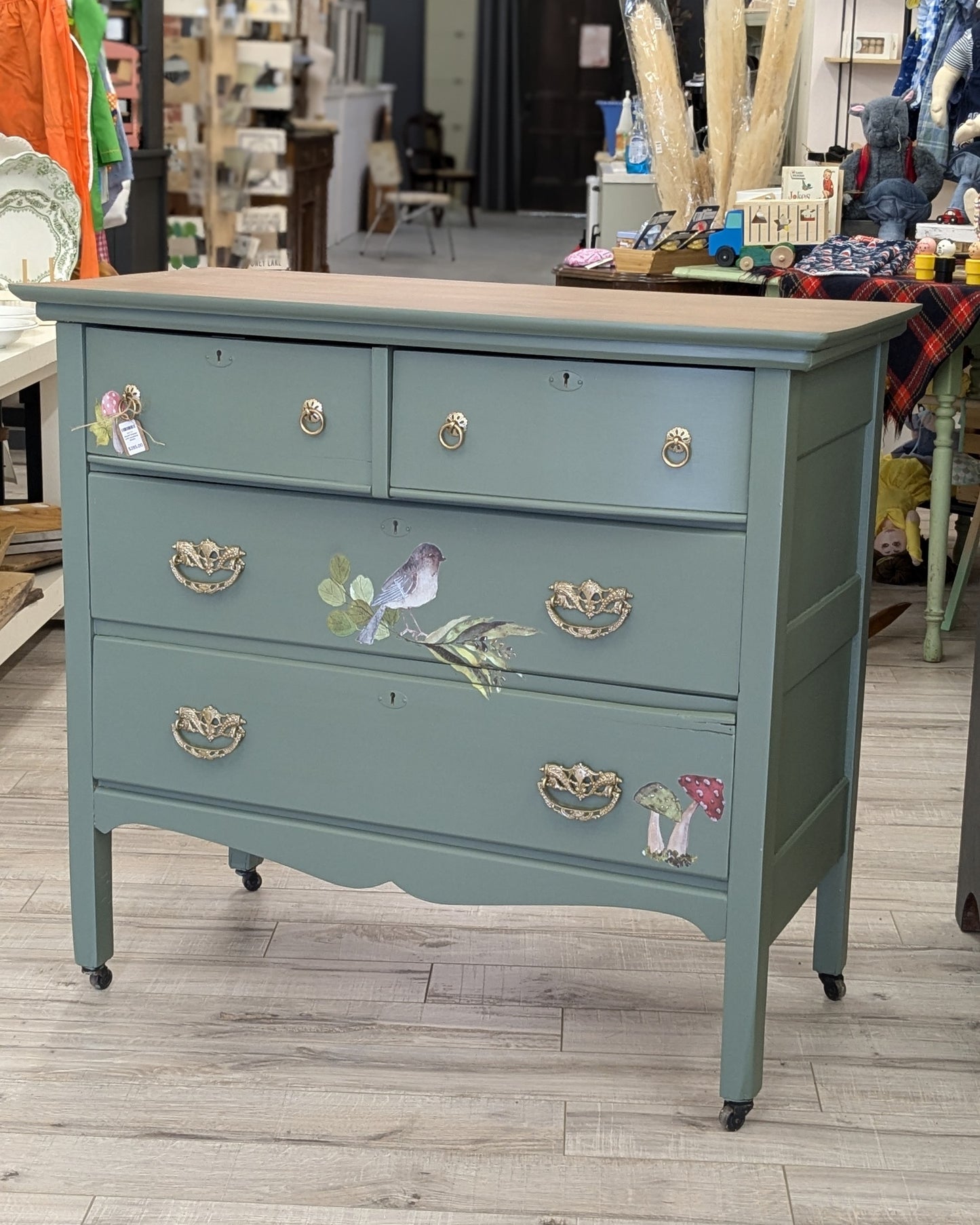 Painted dresser with mushrooms