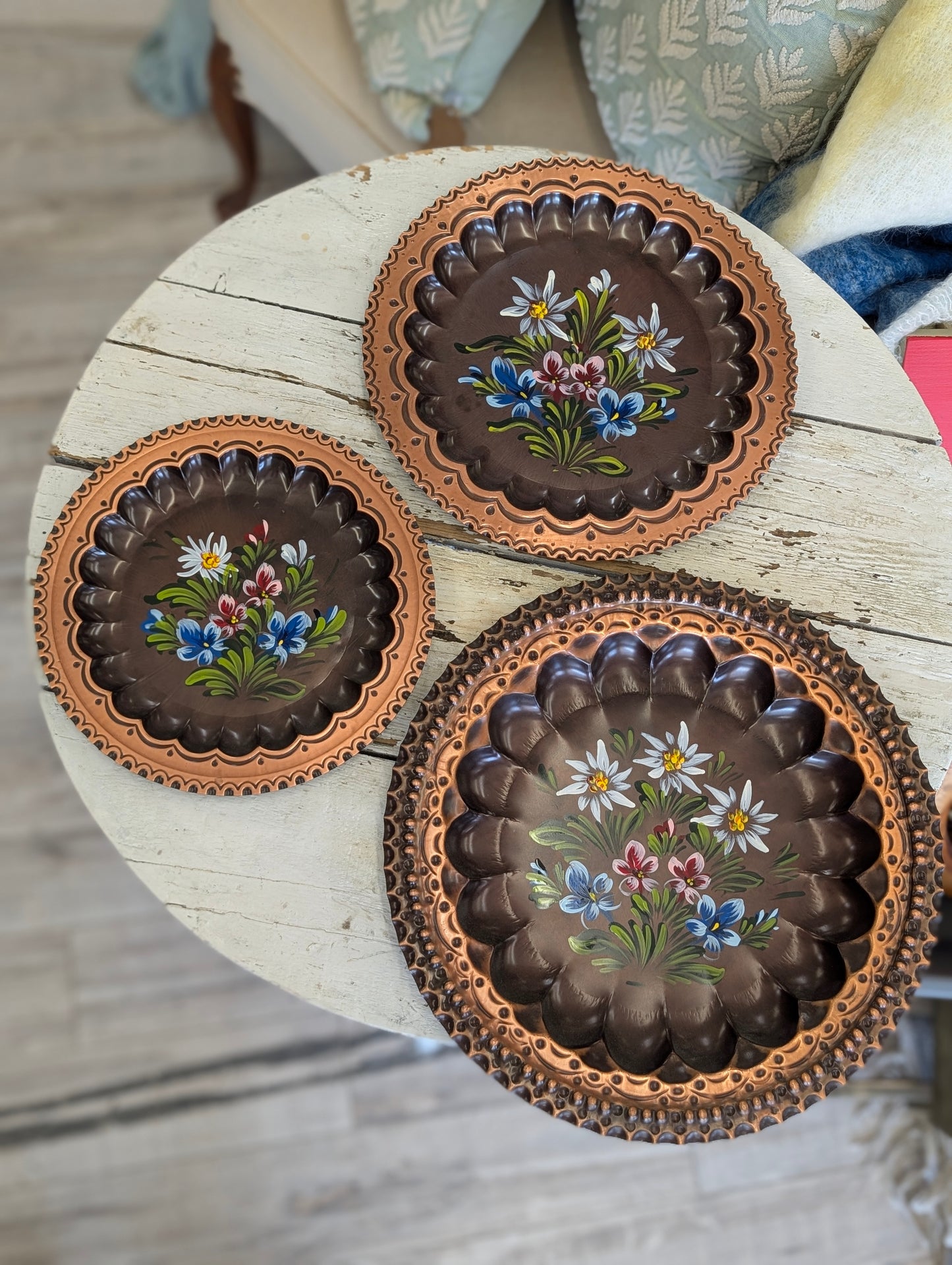 Set of 3 vintage hand-painted floral copper toleware plates