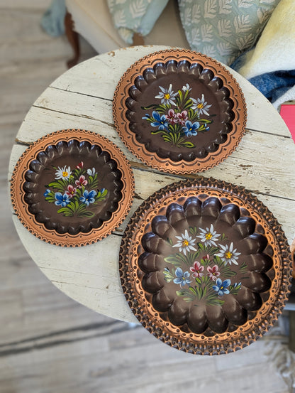 Set of 3 vintage hand-painted floral copper toleware plates