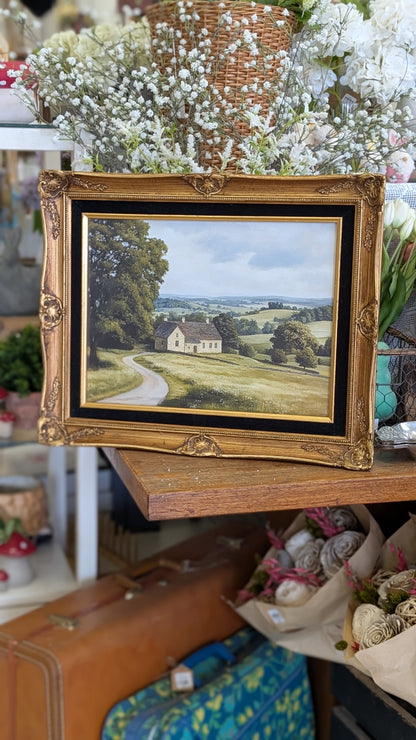 Farmhouse in field framed print