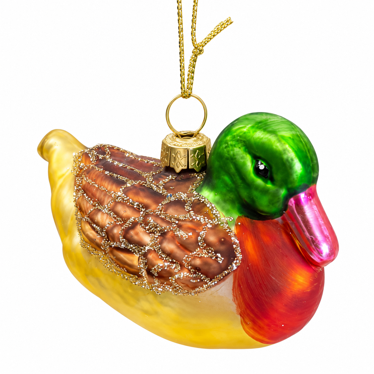 Glass vintage duck ornament, green head,