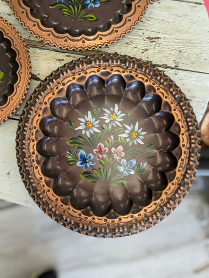 Set of 3 vintage hand-painted floral copper toleware plates