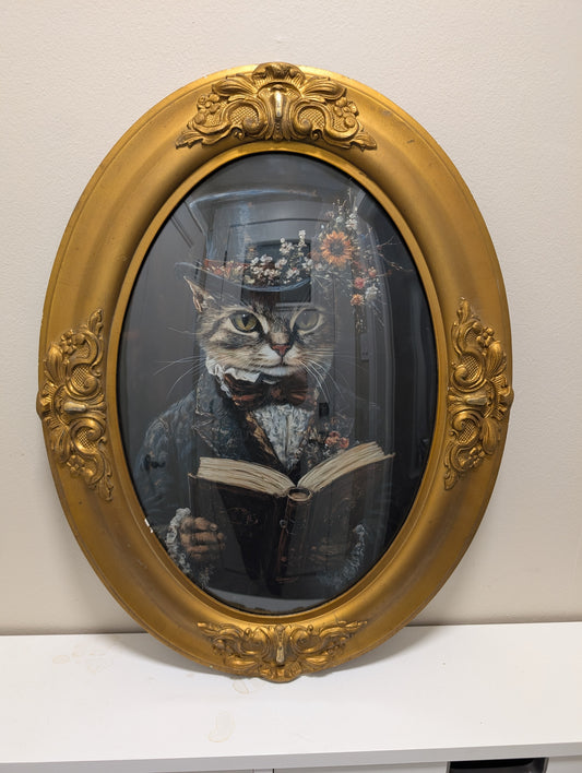 Reading cat framed print with bevel glass