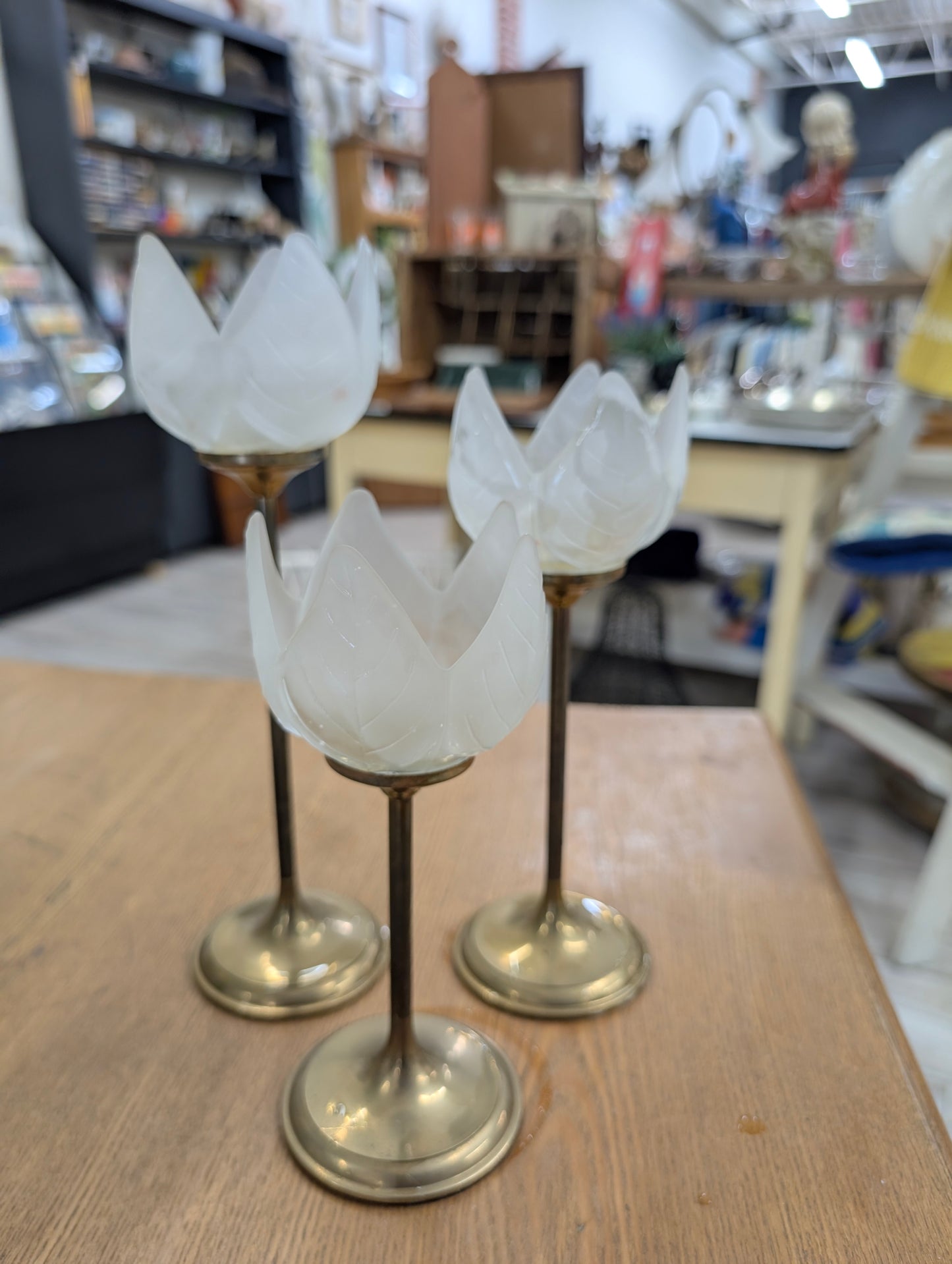 Vintage brass and frosted glass tulip-shaped candle holders, set of three