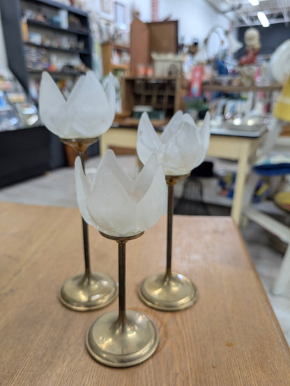 Vintage brass and frosted glass tulip-shaped candle holders, set of three