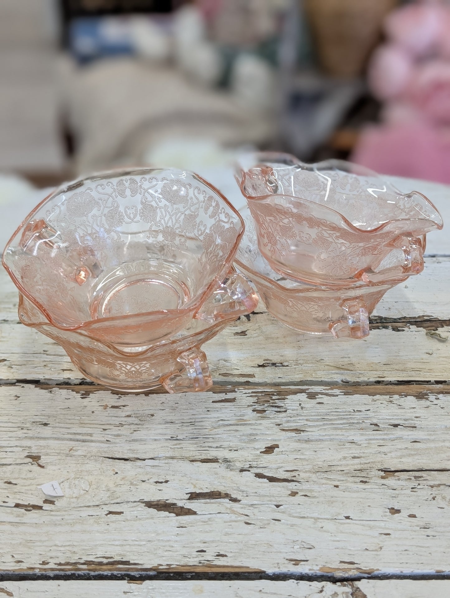 Pink depression glass soup bowl