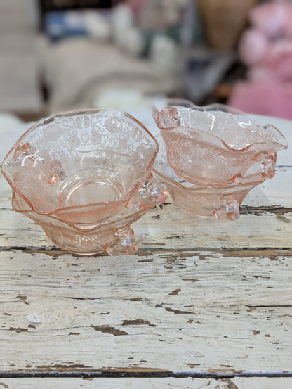 Pink depression glass soup bowl