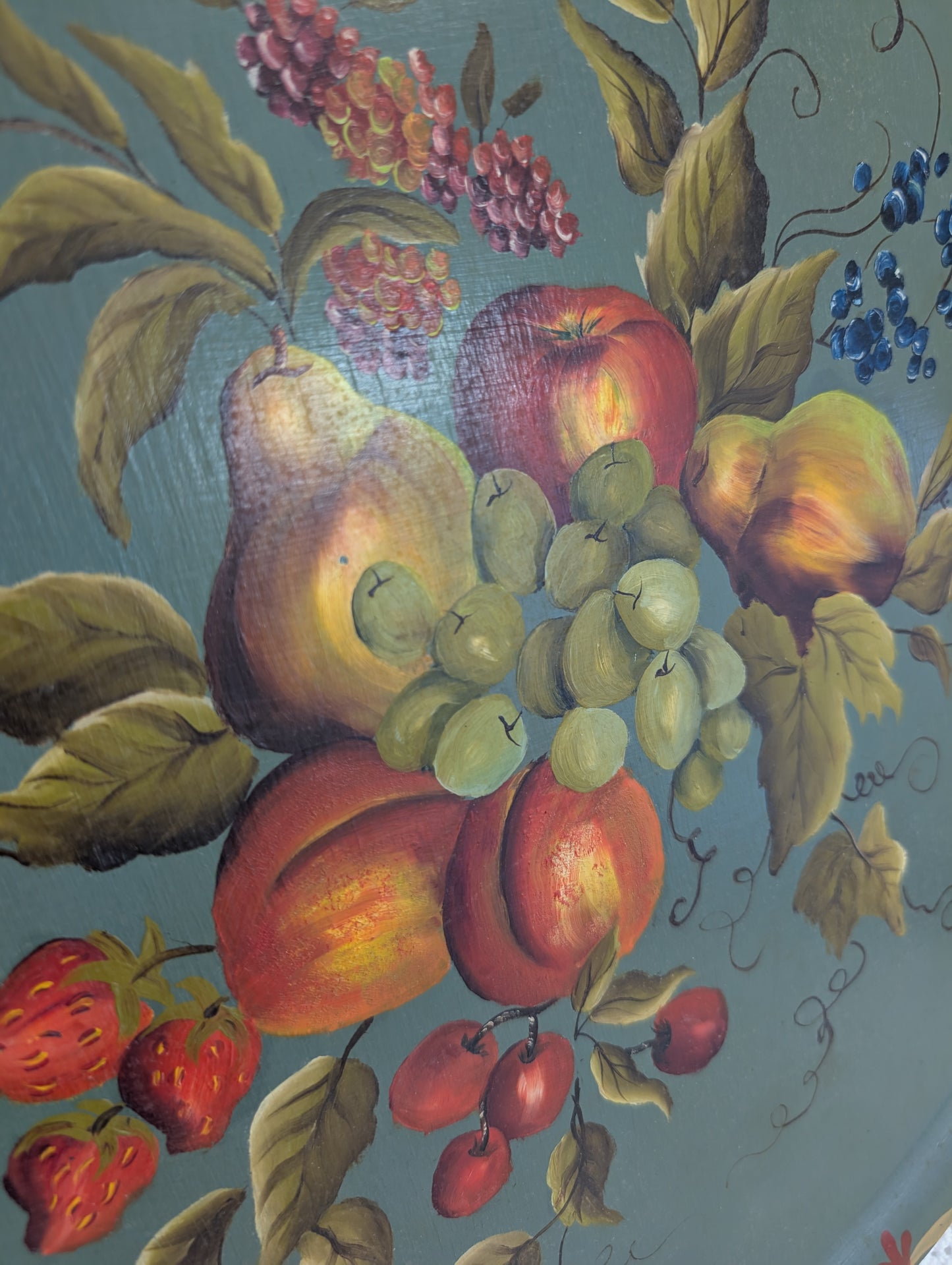 hand-painted toleware tray featuring a fruit still life