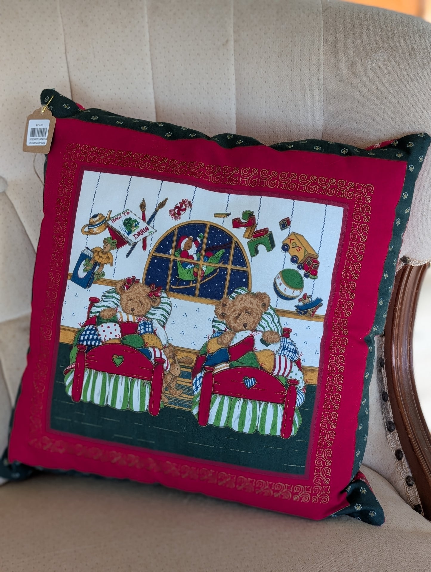 Retro teddy holiday pillow