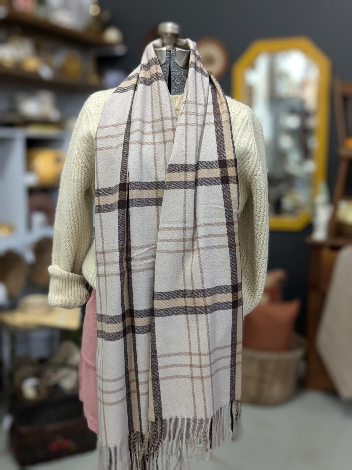 Tan Plaid Wrap Scarf