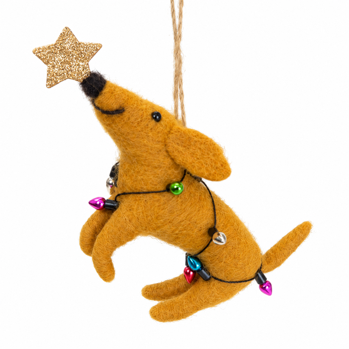 Tan felt dog ornament wrapped in lights