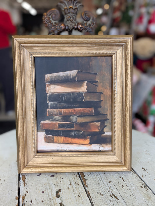 Dark brown book stack framed print
