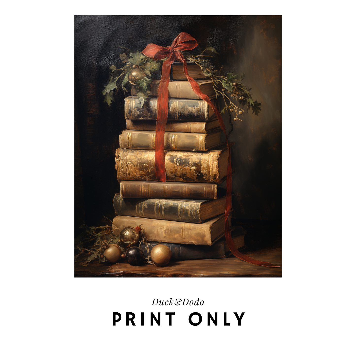 book stack with holly leaves print