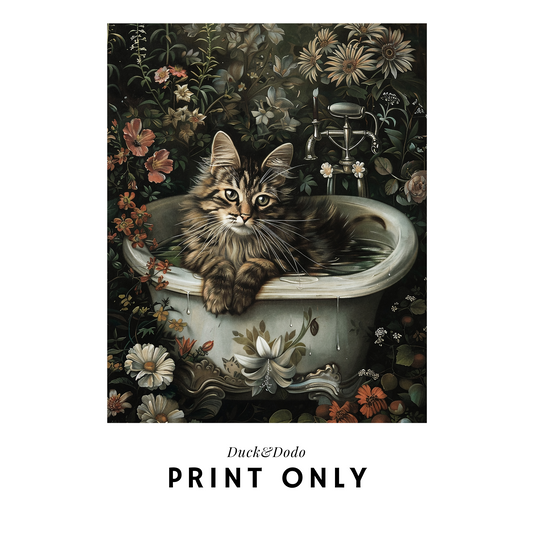 Kitty with flowers in tub print
