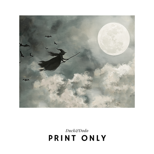 Moon and witch in sky print