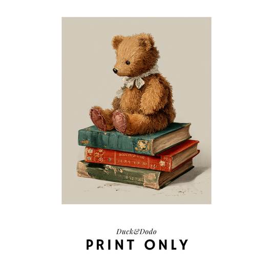 Teddy bear on books print