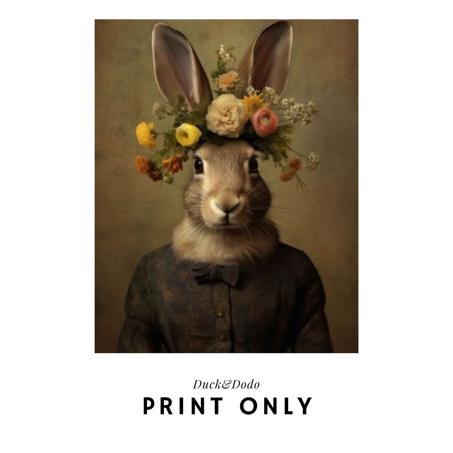 Rabbit with flower wreath Portrait Print