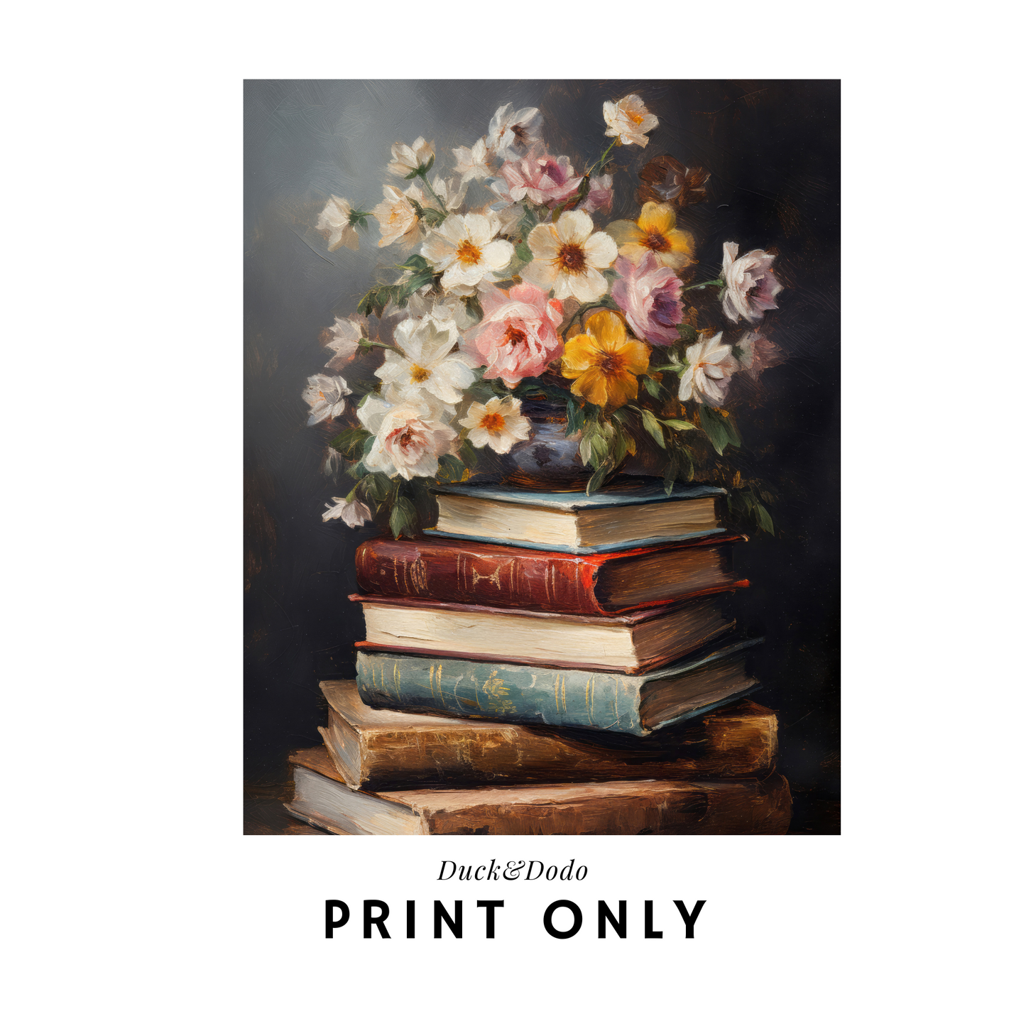 Bookstack With Flower Bouquet Print